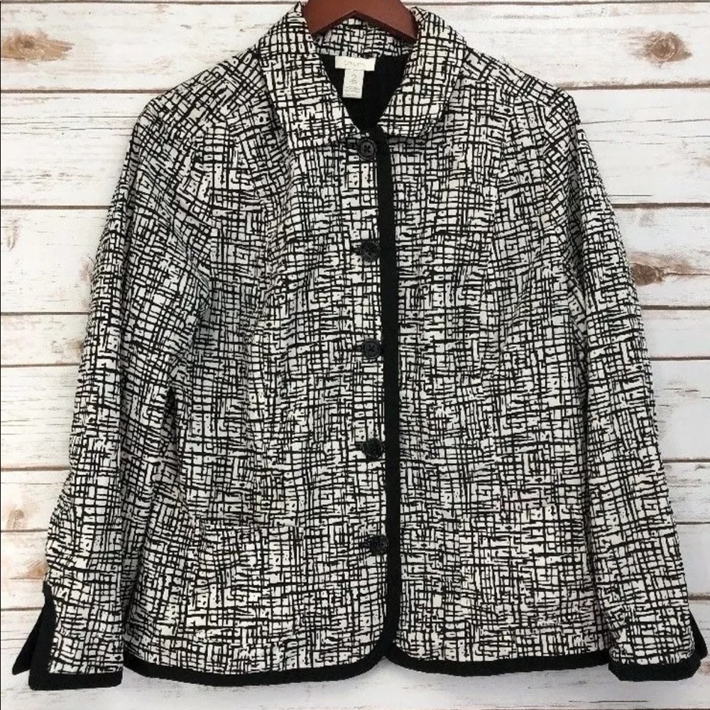 CHICOS Black White Rain Coat Button Down Sz 2